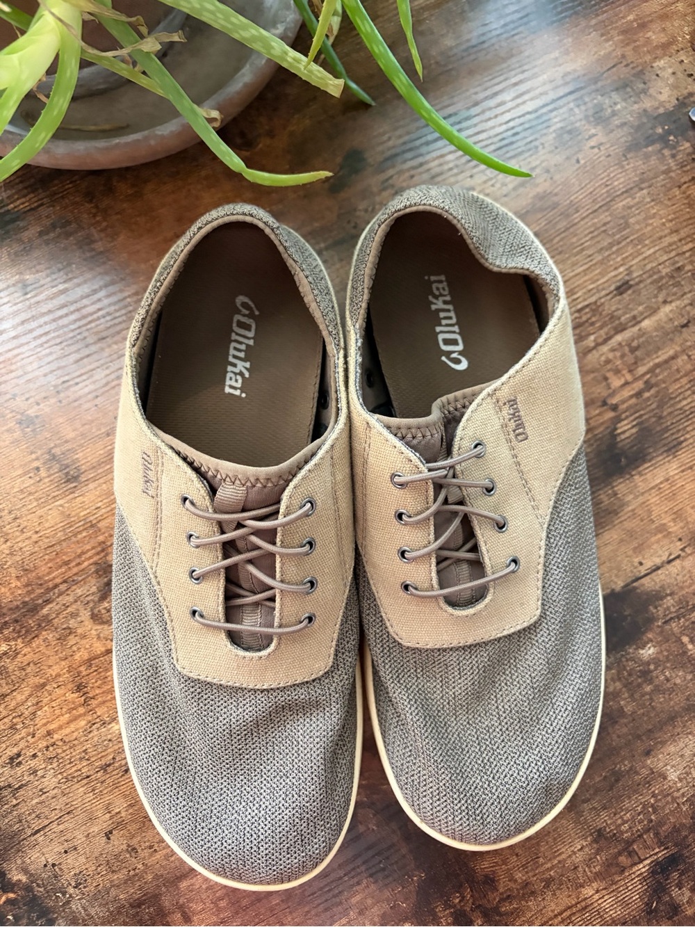 OluKai Men’s Taupe and Beige Canvas Slip-On Sneakers